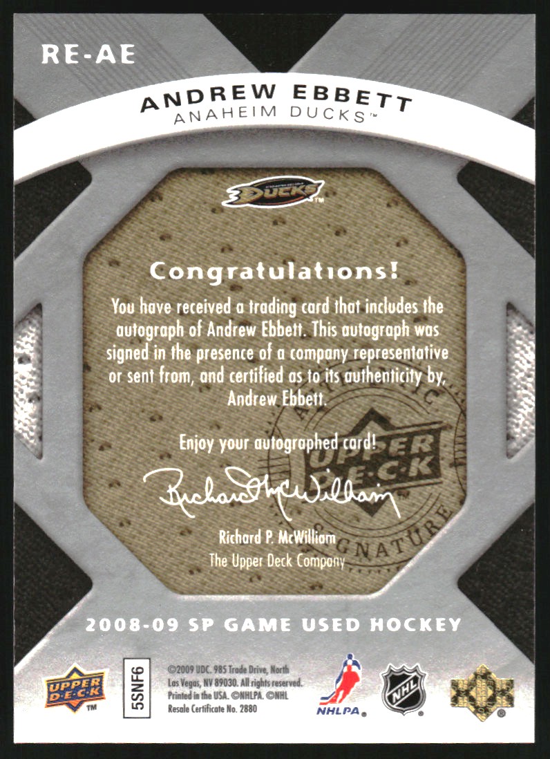 2008-09 SP Game Used Rookie Exclusive Autographs #REAE Andrew Ebbett back image