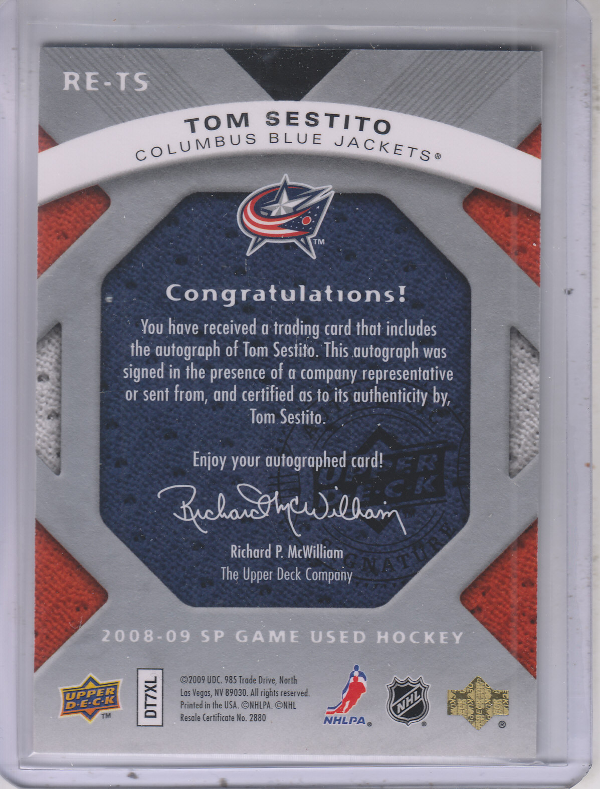 2008-09 SP Game Used Rookie Exclusive Autographs #RETS Tom Sestito back image