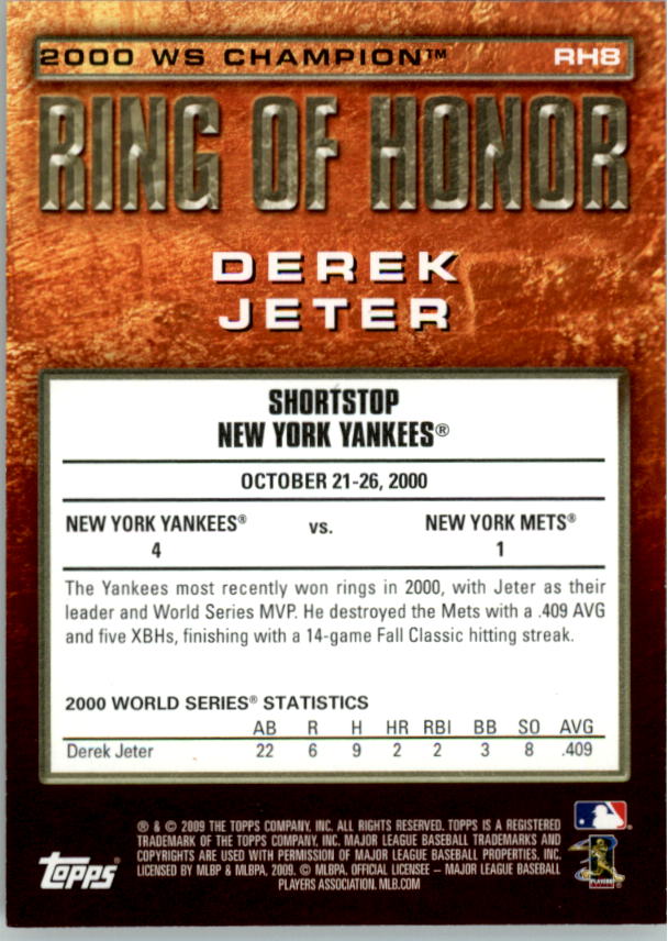 2009 Topps Ring Of Honor #RH8 Derek Jeter back image