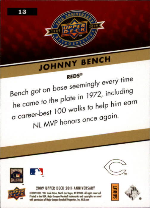 2009 Upper Deck 20th Anniversary #13 Johnny Bench back image