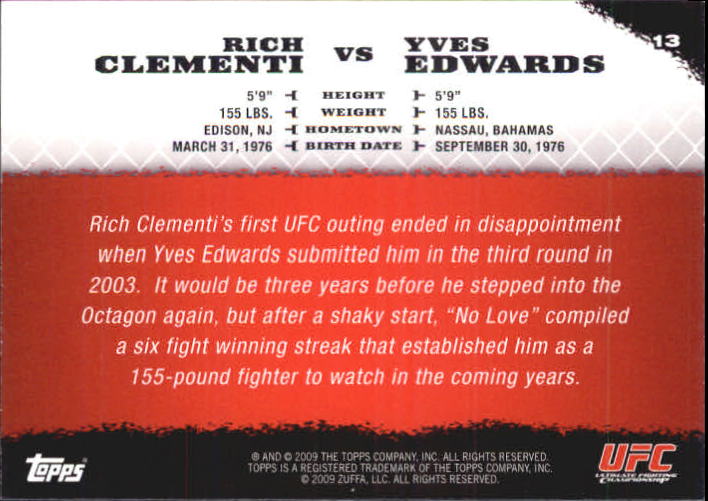 2009 Topps UFC Round 1 #13 Rich Clementi RC vs. Yves Edwards back image