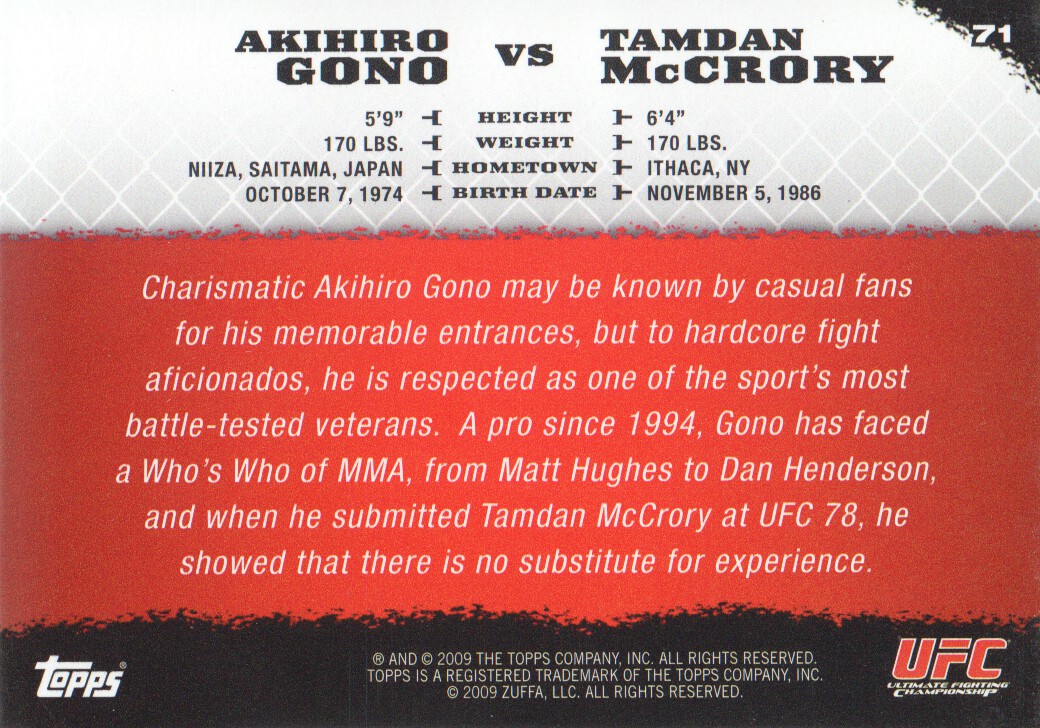 2009 Topps UFC Round 1 #71 Akihiro Gono RC vs. Tamdan McCrory back image