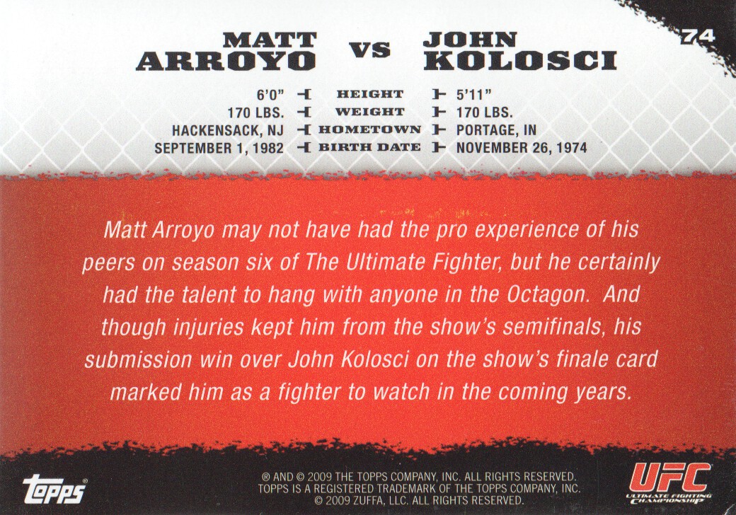 2009 Topps UFC Round 1 #74 Matt Arroyo RC vs. John Kolosci back image