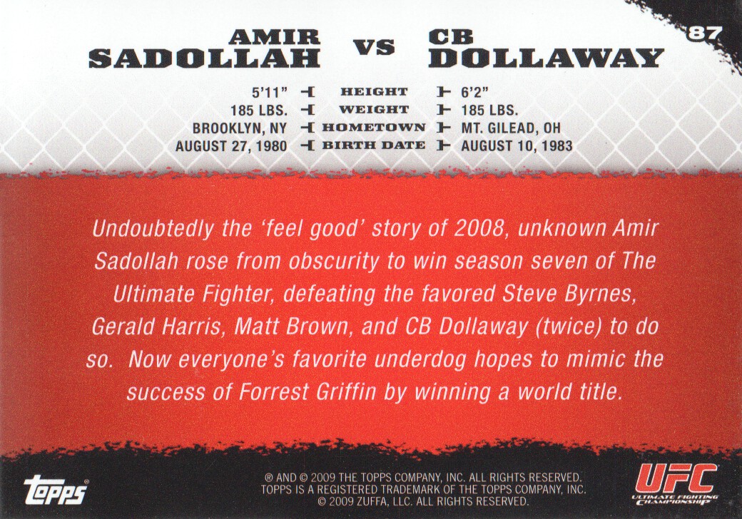 2009 Topps UFC Round 1 #87 Amir Sadollah RC vs. CB Dollaway back image