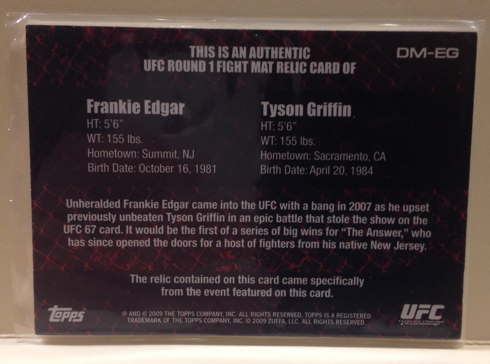 2009 Topps UFC Round 1 Debut Mat Relics #DMEG Frankie Edgar/Tyson Griffin back image