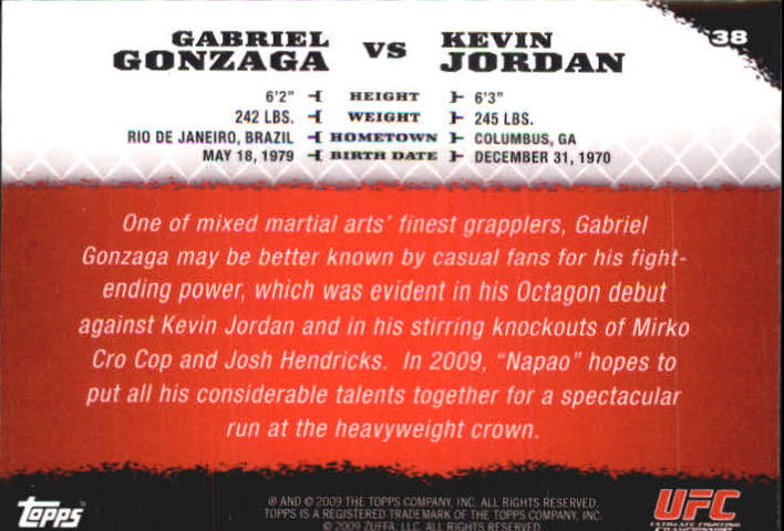 2009 Topps UFC Round 1 Gold #38 Gabriel Gonzaga vs. Kevin Jordan back image
