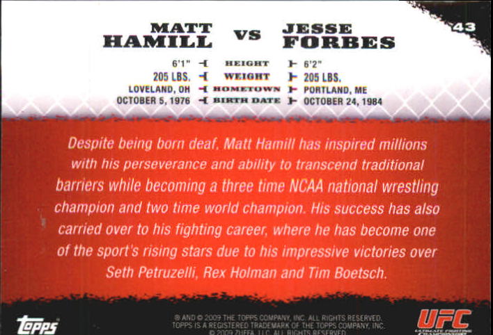 2009 Topps UFC Round 1 Gold #43 Matt Hamill vs. Jesse Forbes back image