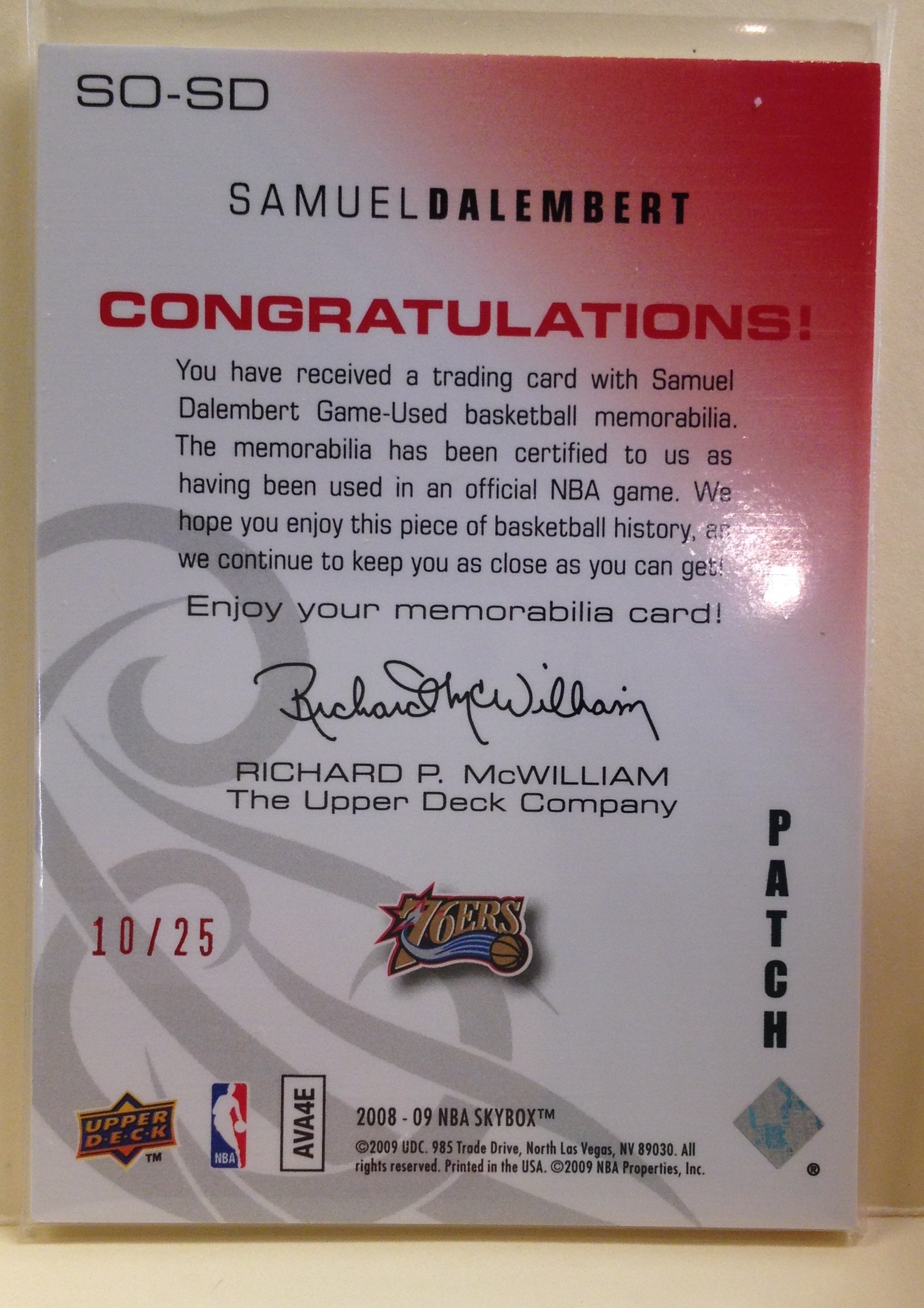2008-09 SkyBox Standouts Patches #SOSD Samuel Dalembert back image