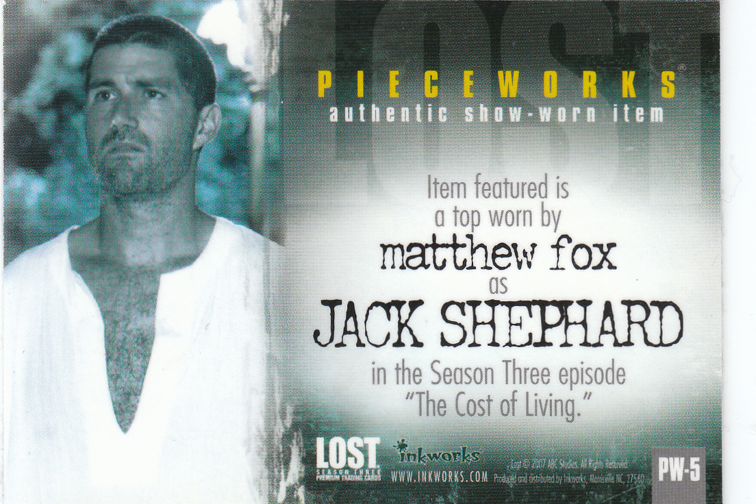 2007 Inkworks Lost Season Three Pieceworks #PW5 Matthew Fox back image
