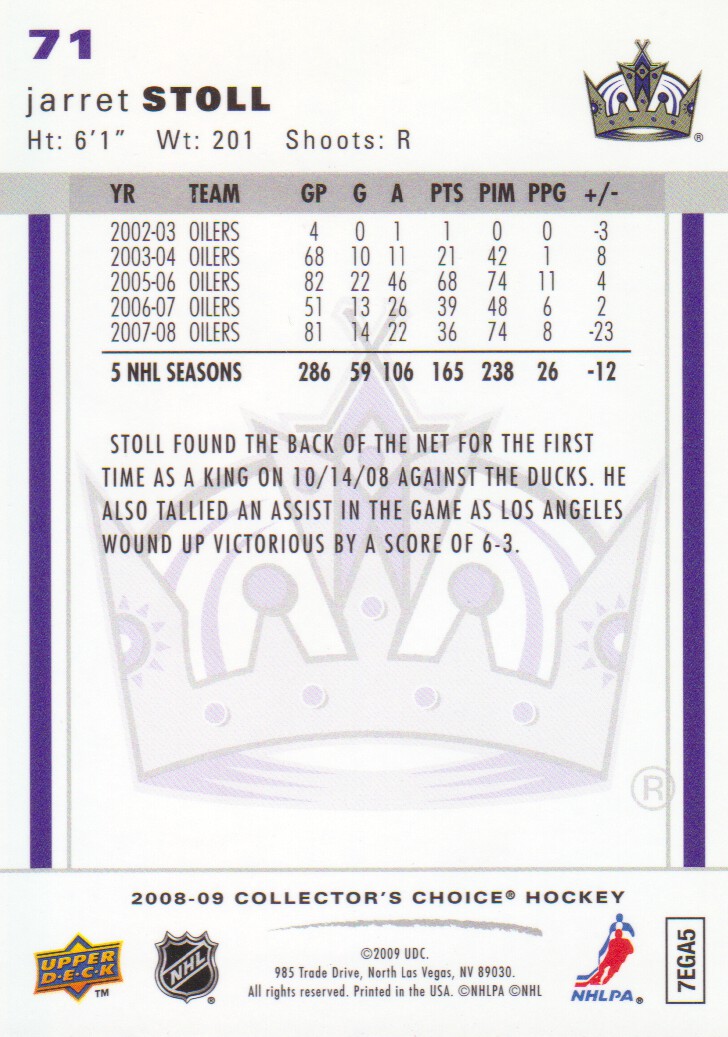2008-09 Collector's Choice Reserve Silver #71 Jarret Stoll back image