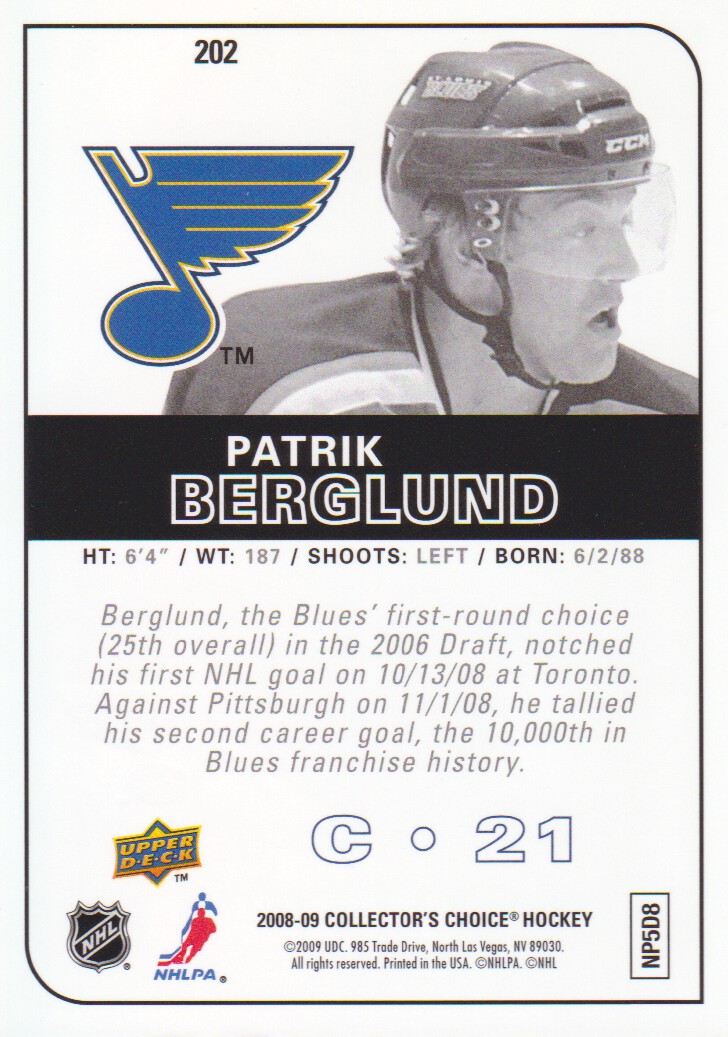 2008-09 Collector's Choice Reserve Silver #202 Patrik Berglund back image