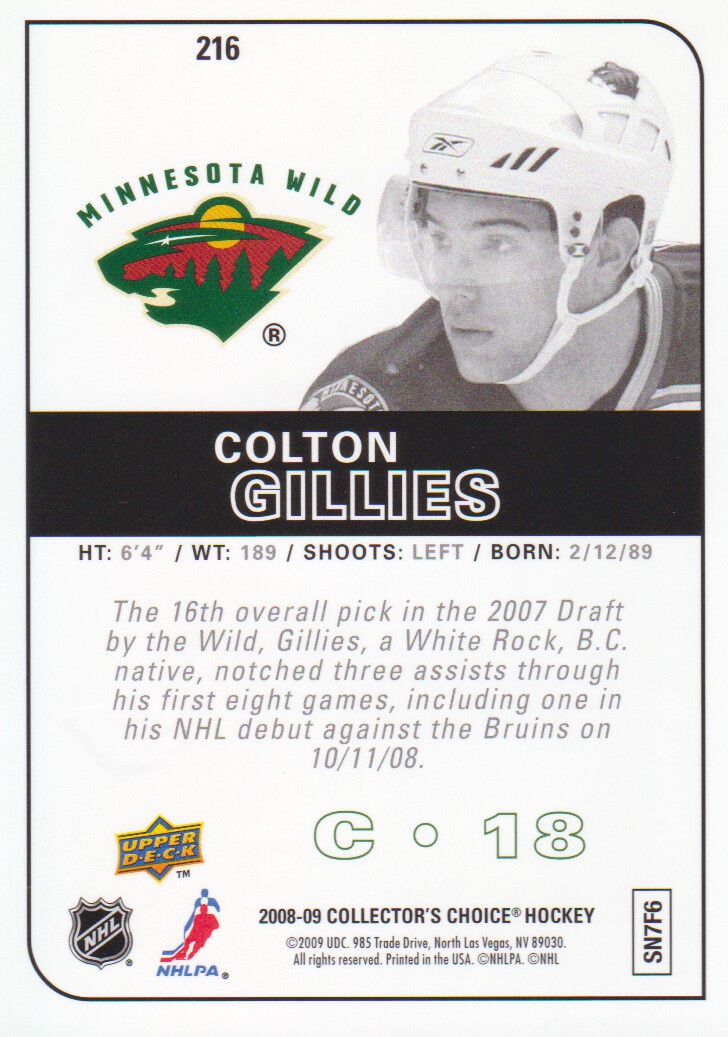 2008-09 Collector's Choice Reserve Silver #216 Colton Gillies back image