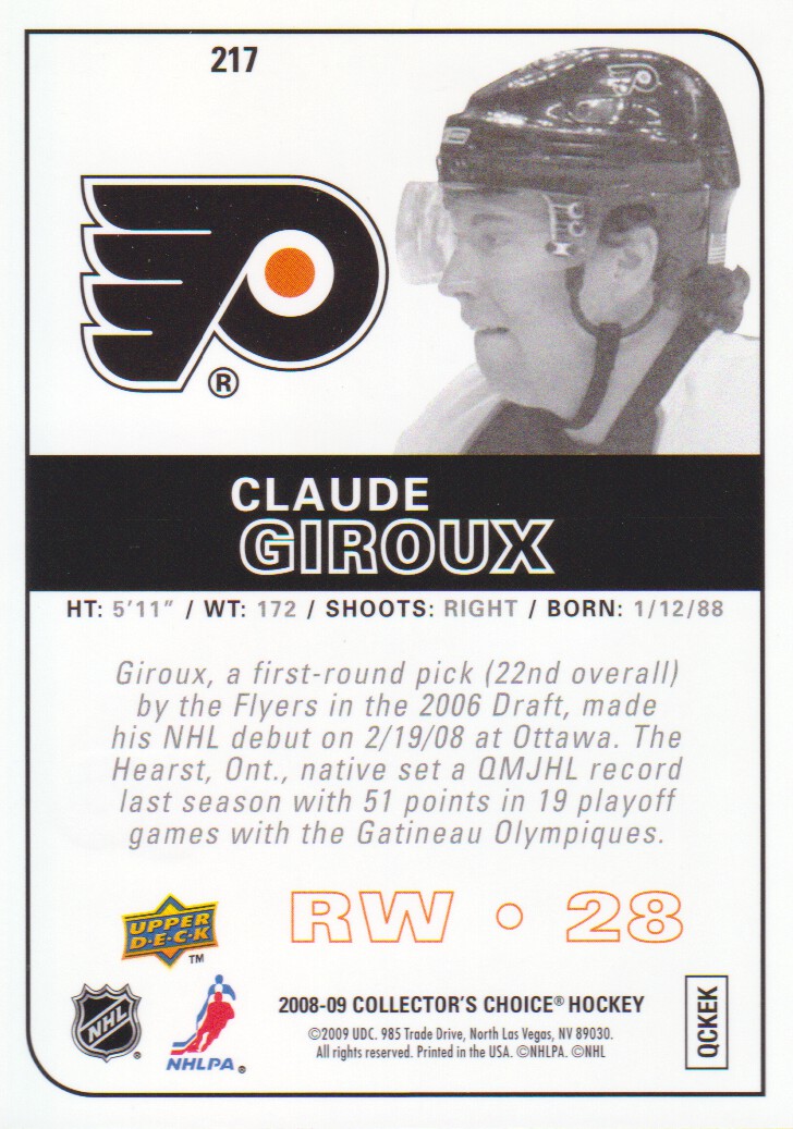 2008-09 Collector's Choice Reserve Silver #217 Claude Giroux back image