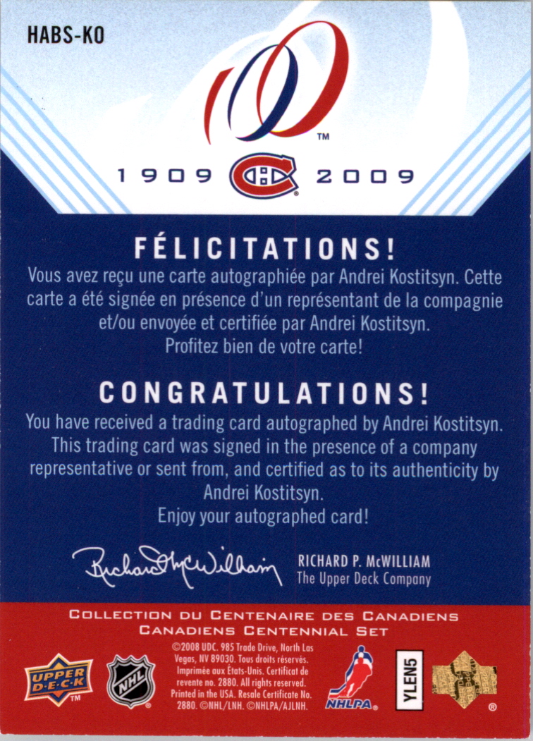 2008-09 Upper Deck Montreal Canadiens Centennial Habs INKS #HABSKO Andrei Kostitsyn back image