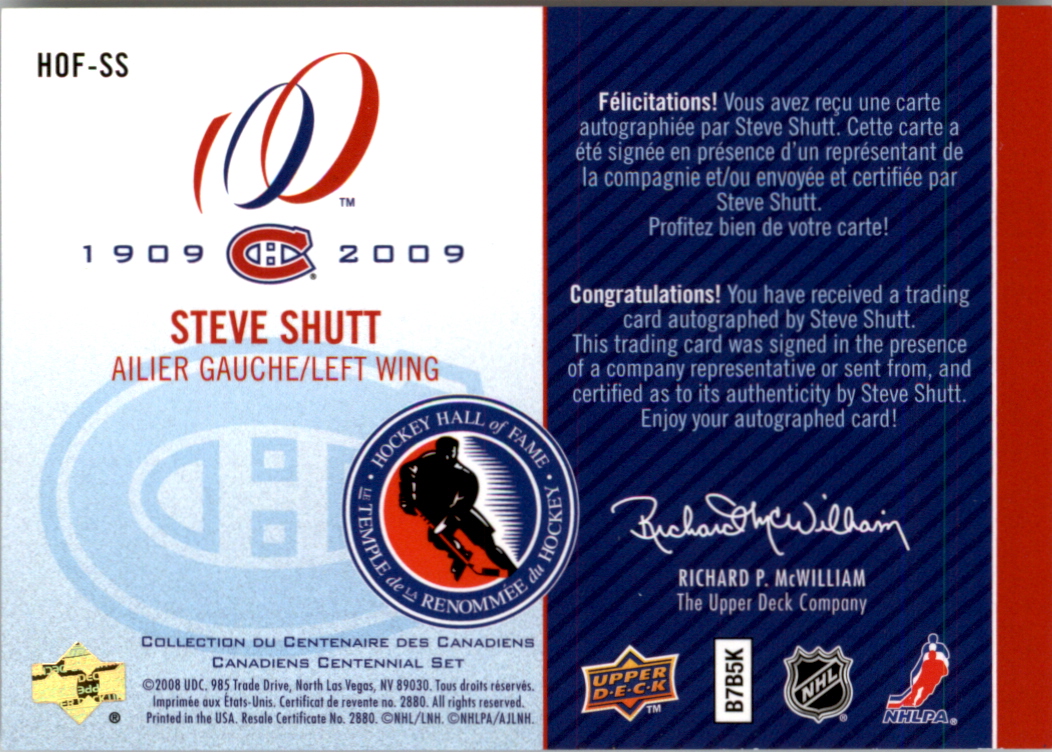 2008-09 Upper Deck Montreal Canadiens Centennial HOF Induction INKS #HOFSS Steve Shutt/93 back image