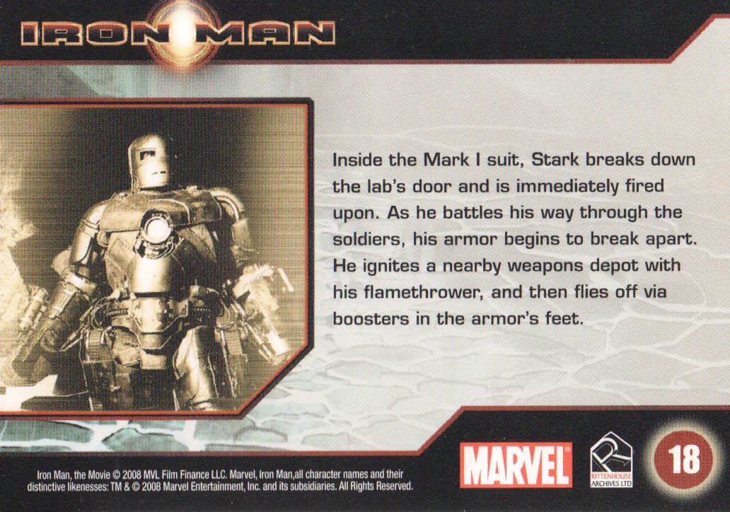 2008 Rittenhouse Iron Man #18 Inside the Mark I suit, Stark breaks down the lab's door back image