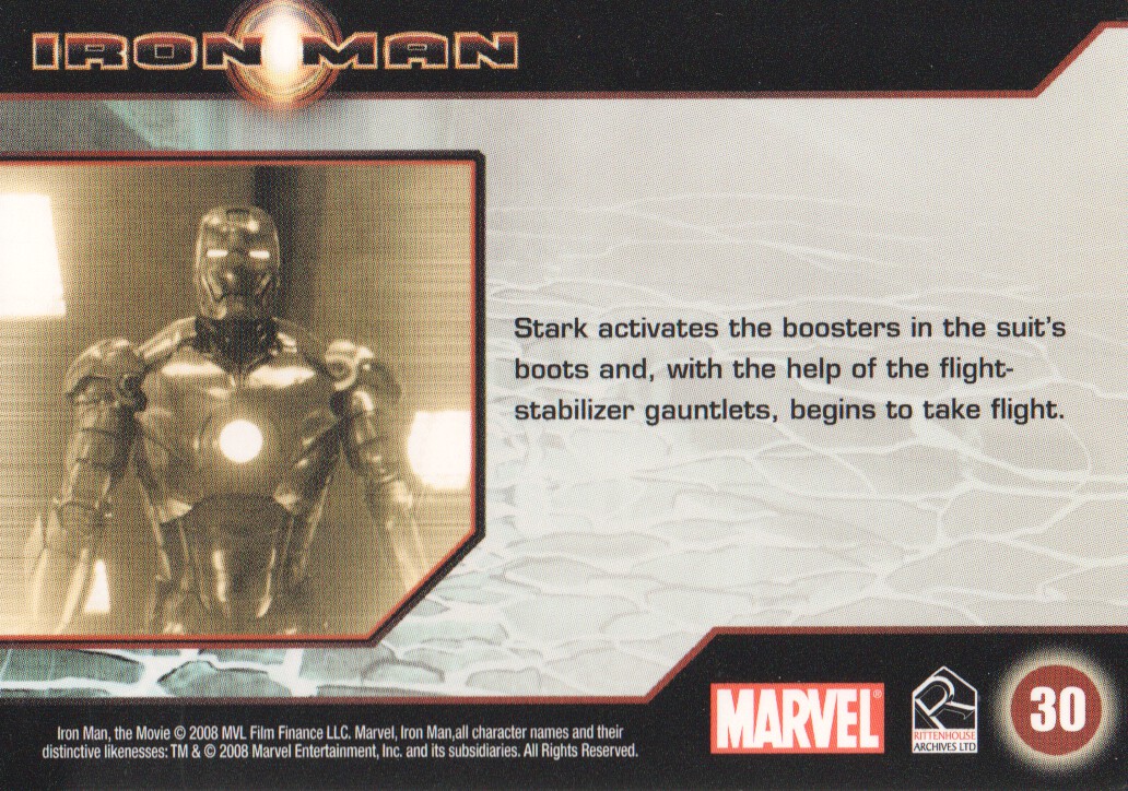 2008 Rittenhouse Iron Man #30 Stark activates the boosters in the suit's boosters in the suit's boots back image