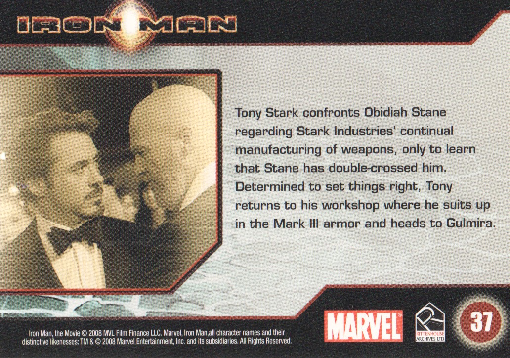 2008 Rittenhouse Iron Man #37 Tony Stark confronts Obidiah Stane regarding Stark Industries' back image