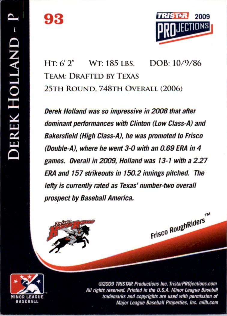 2009 TRISTAR PROjections #93 Derek Holland back image