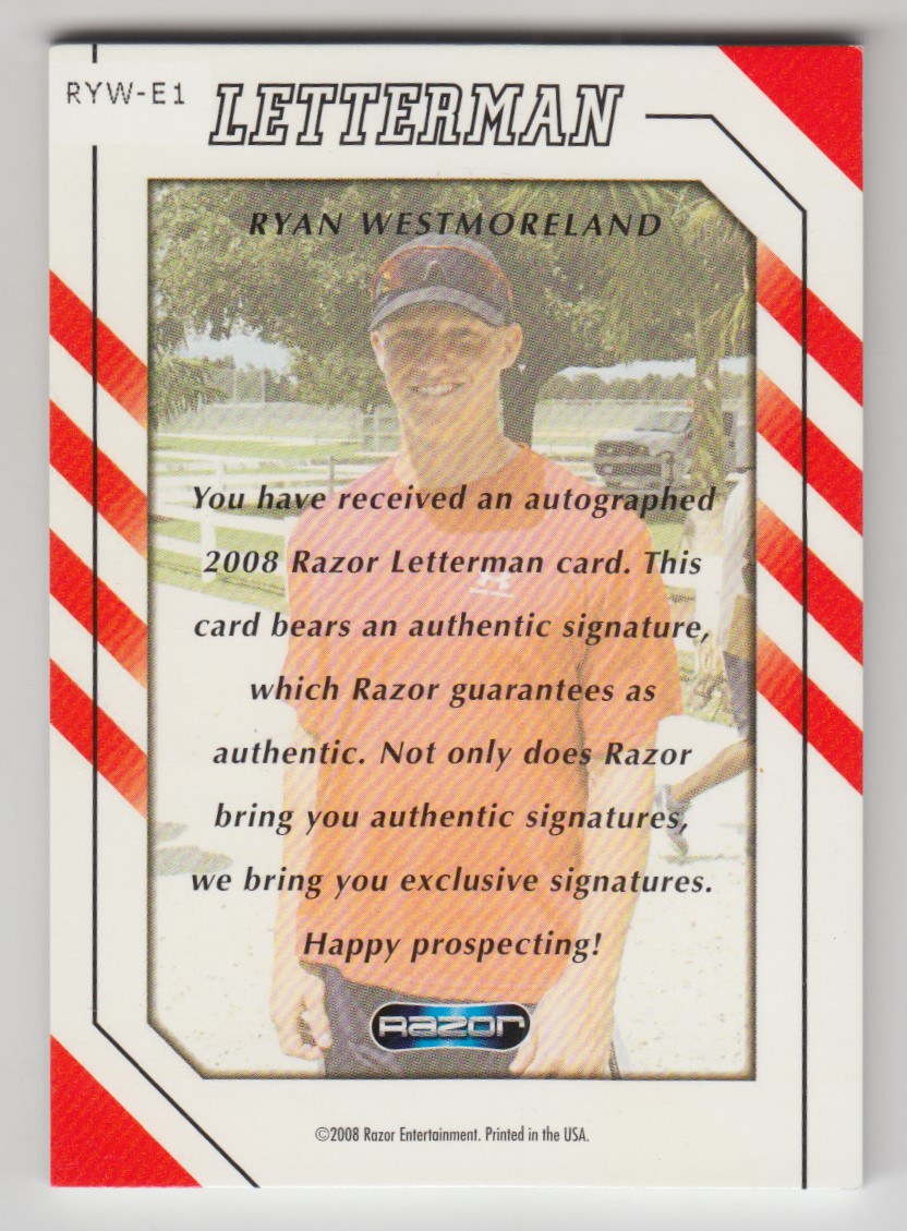 2008 Razor Letterman #RYWE1 Ryan Westmoreland back image
