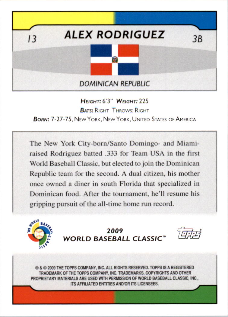 2009 Topps World Baseball Classic Box Set #13 Alex Rodriguez back image