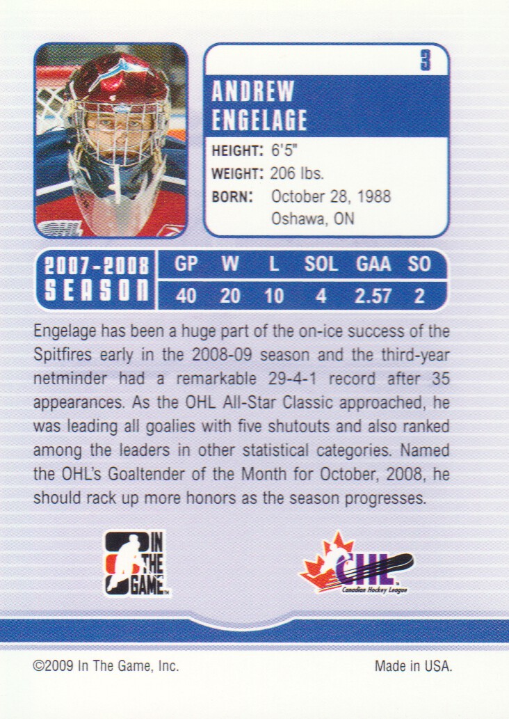 2008-09 Between The Pipes #3 Andrew Engelage back image