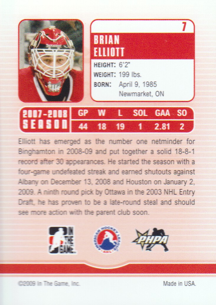 2008-09 Between The Pipes #7 Brian Elliott back image