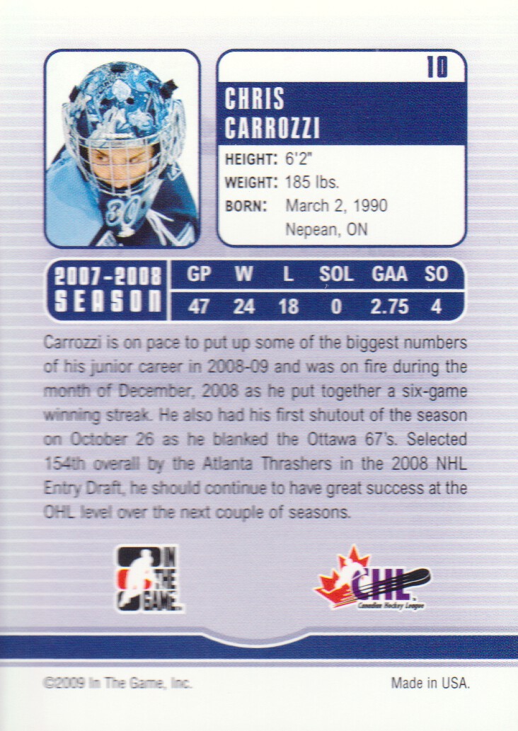 2008-09 Between The Pipes #10 Chris Carrozzi back image