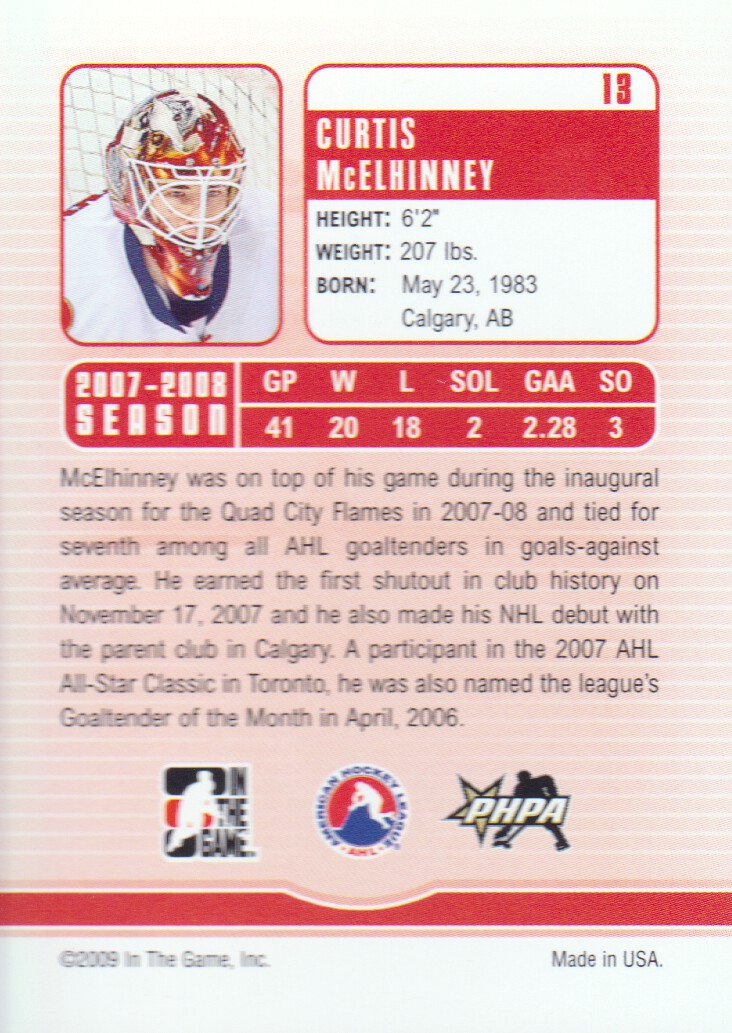 2008-09 Between The Pipes #13 Curtis McElhinney back image