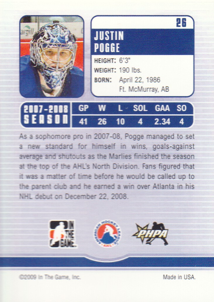 2008-09 Between The Pipes #26 Justin Pogge back image