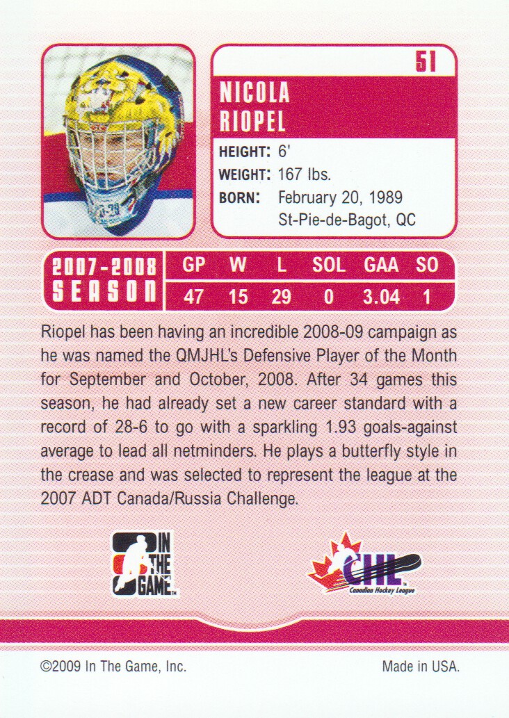 2008-09 Between The Pipes #51 Nicola Riopel back image