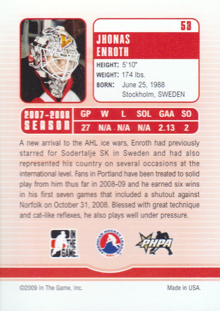 2008-09 Between The Pipes #53 Jhonas Enroth back image