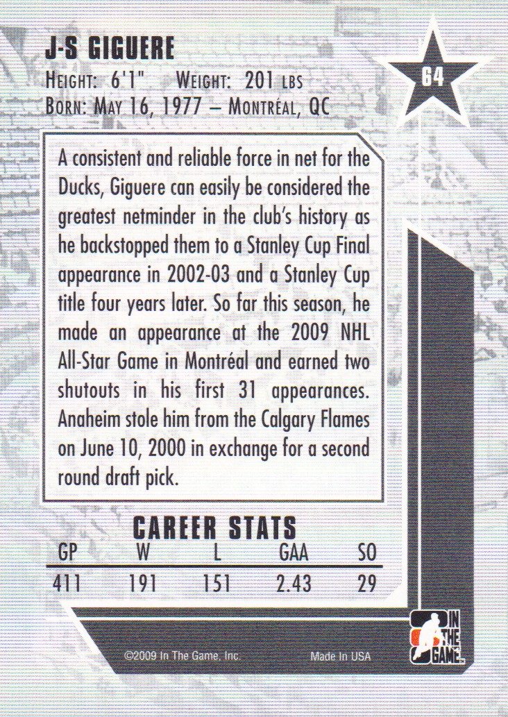 2008-09 Between The Pipes #64 Jean-Sebastien Giguere back image
