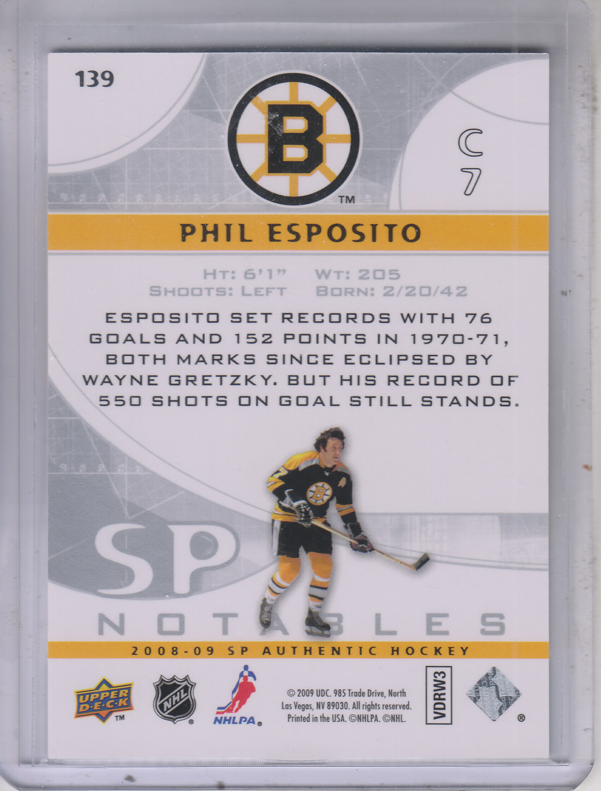 2008-09 SP Authentic #139 Phil Esposito N back image