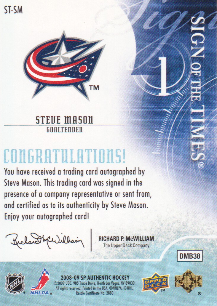 2008-09 SP Authentic Sign of the Times #STSM Steve Mason back image