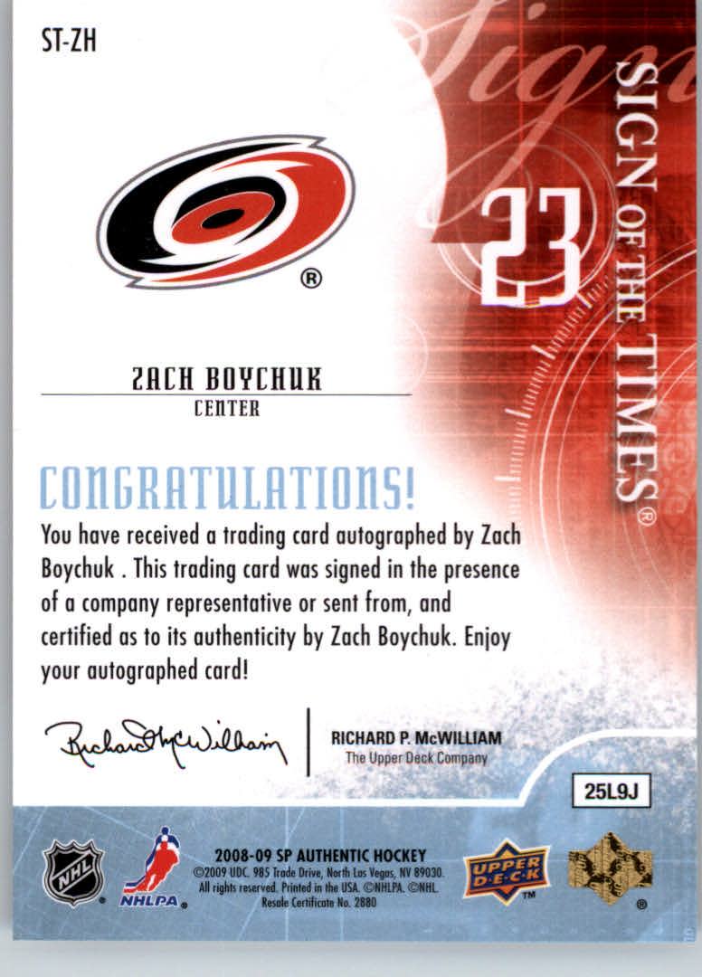 2008-09 SP Authentic Sign of the Times #STZH Zach Boychuk back image