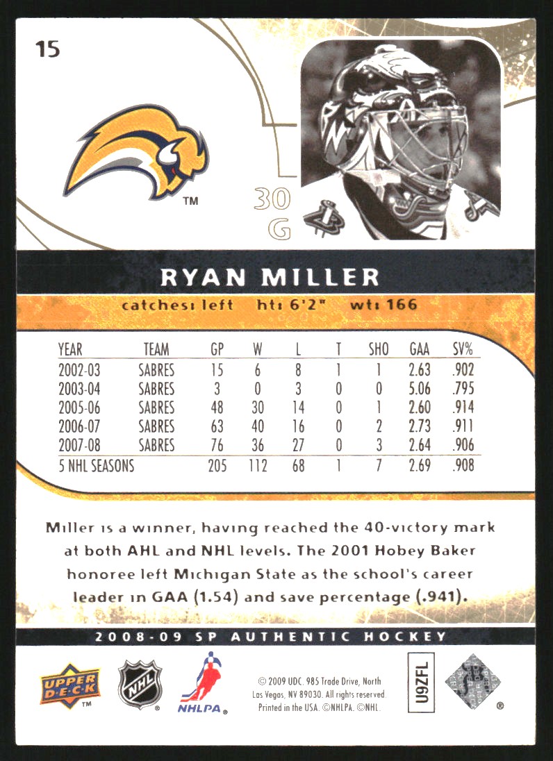 2008-09 SP Authentic Limited #15 Ryan Miller back image