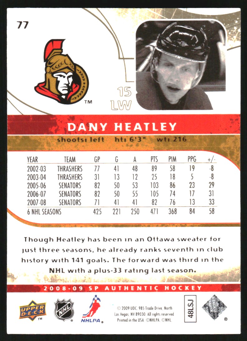 2008-09 SP Authentic Limited #77 Dany Heatley back image