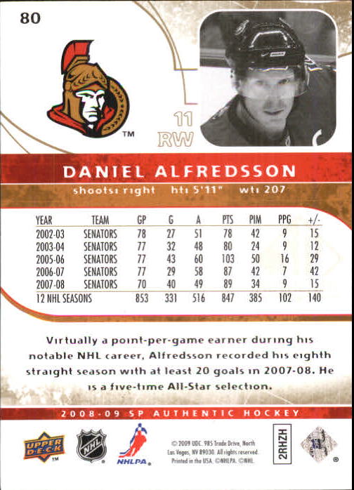 2008-09 SP Authentic Limited #80 Daniel Alfredsson back image