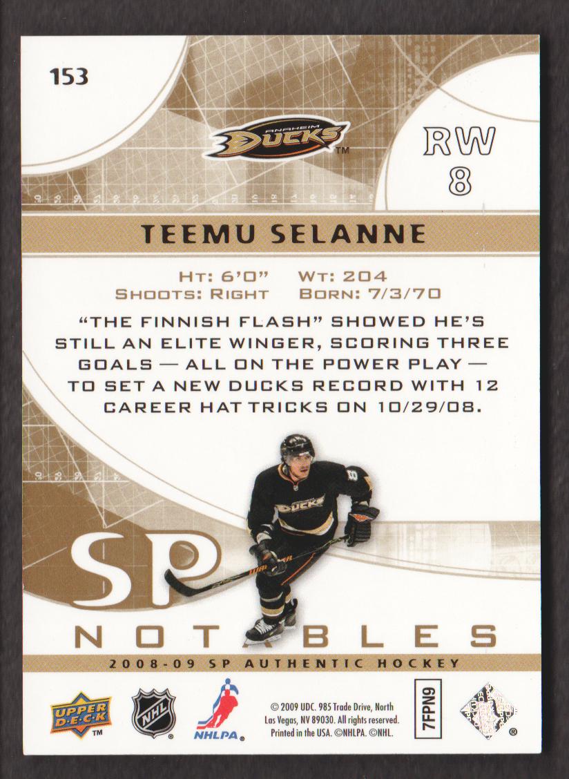 2008-09 SP Authentic Limited #153 Teemu Selanne N back image