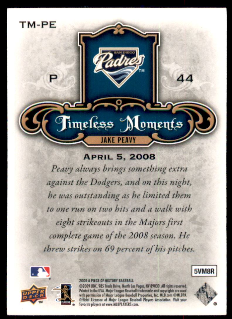 2009 UD A Piece of History Timeless Moments Turquoise #TMPE Jake Peavy back image