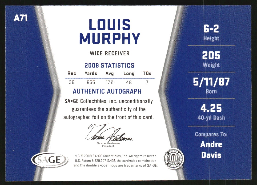 2009 SAGE HIT Autographs #71 Louis Murphy back image
