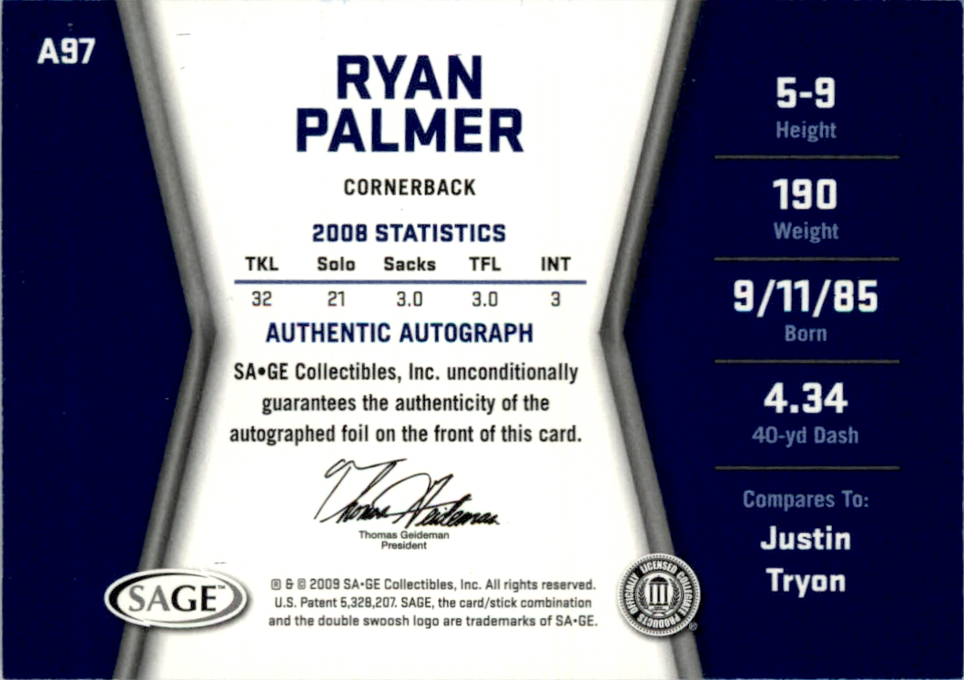 2009 SAGE HIT Autographs Silver #97 Ryan Palmer back image
