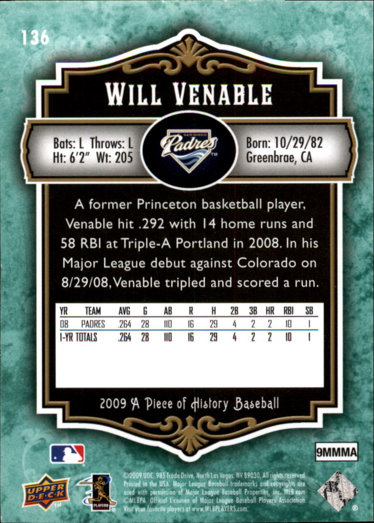 2009 UD A Piece of History Green #136 Will Venable back image