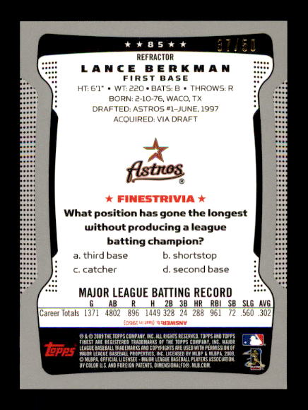 2009 Finest Refractors Gold #85 Lance Berkman back image
