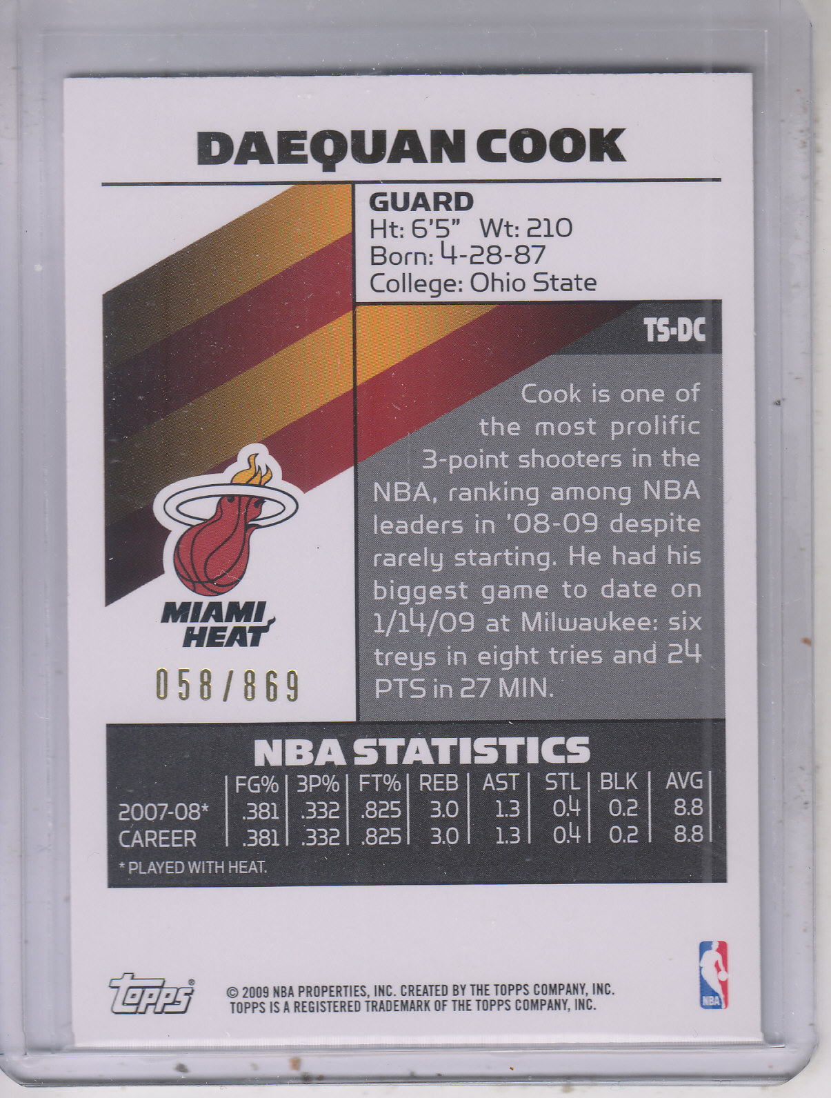 2008-09 Topps Signature Facsimile Red #TSDC Daequan Cook back image
