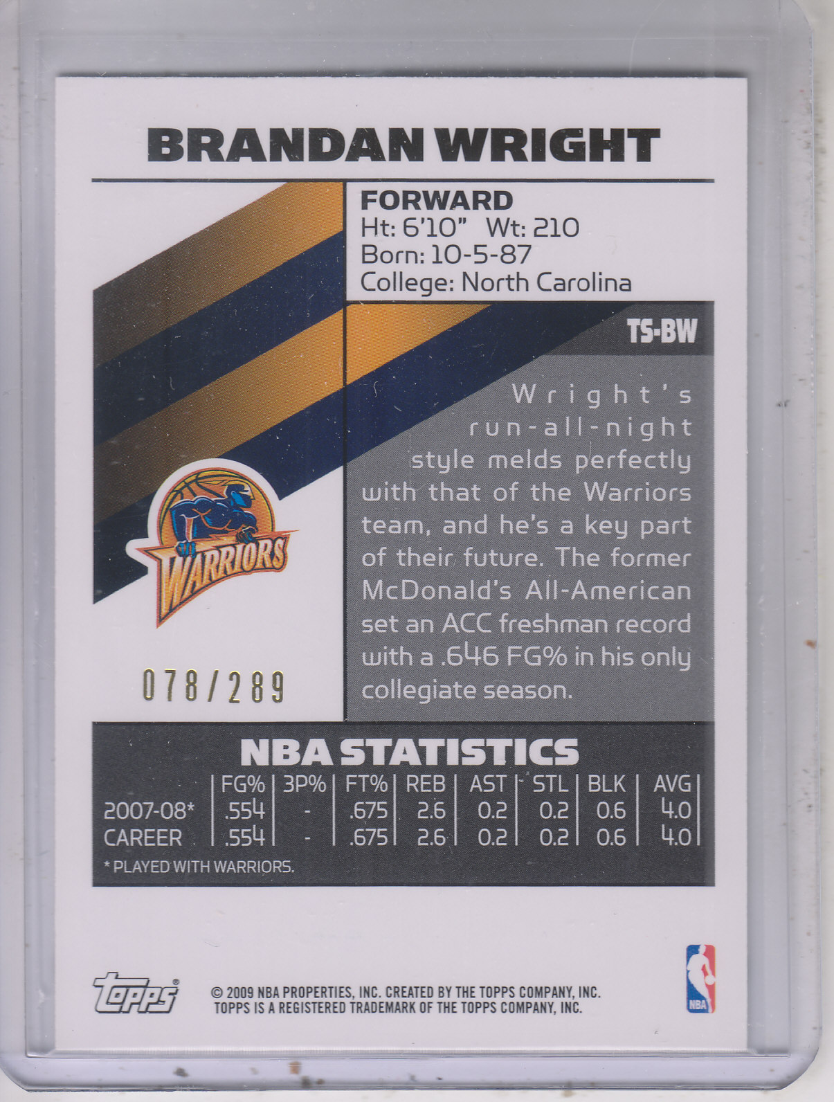 2008-09 Topps Signature Facsimile Black #TSBW Brandan Wright back image