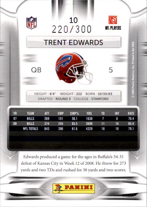 2009 Playoff Prestige Xtra Points Orange #10 Trent Edwards back image