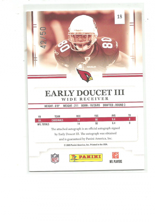 2009 Playoff Prestige Rookie Review Autographs #18 Early Doucet/50 back image