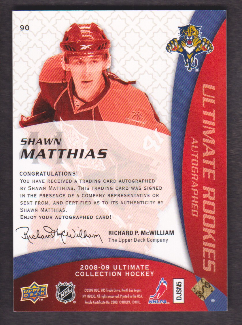 2008-09 Ultimate Collection #90 Shawn Matthias AU RC back image